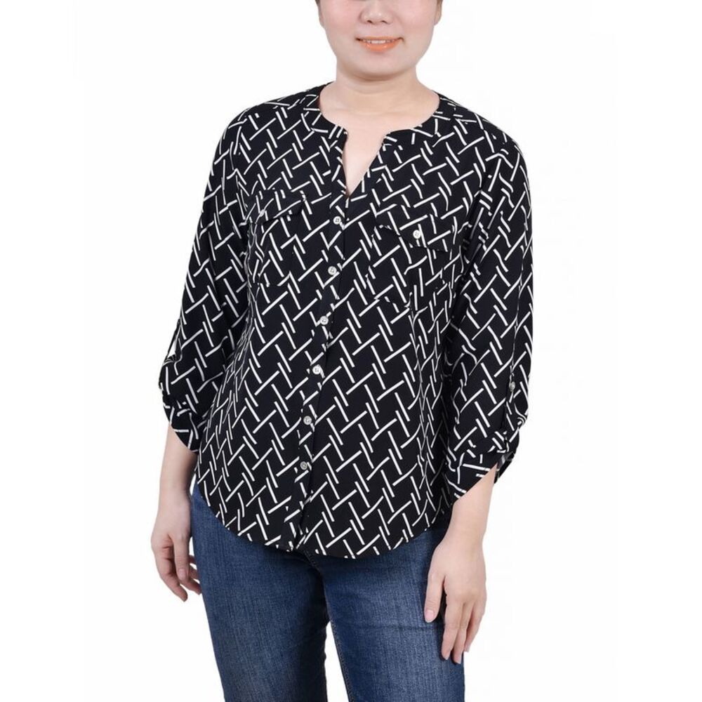 NY Collection Petite 3/4 Sleeve Roll Tab Y Neck Blouse